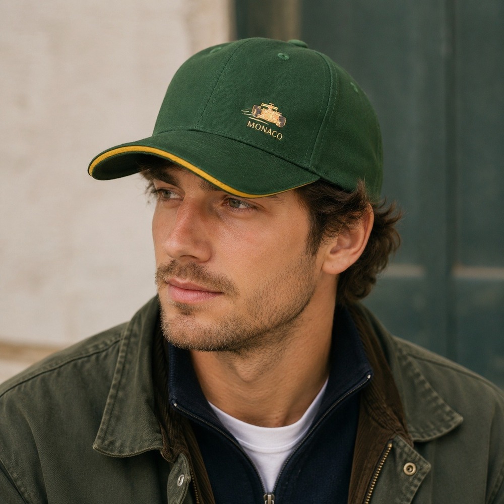 Monaco Grand Prix Racing Cap Green Gold F1 Car Metal Emblem Adjustable Hat